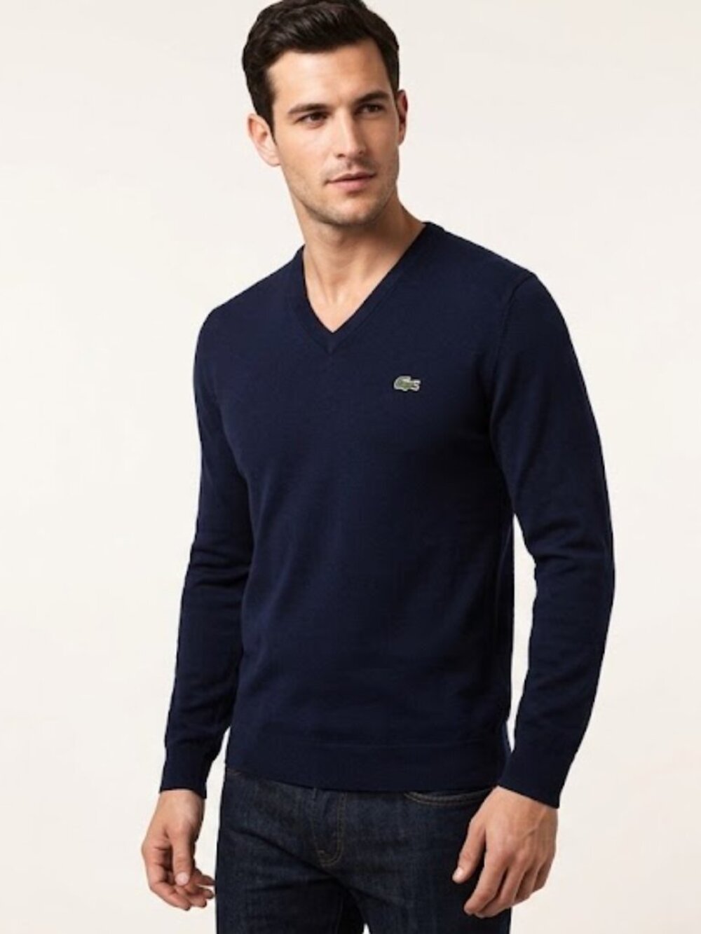 Lacoste Navy V-Neck Sweater Classic Knit size large